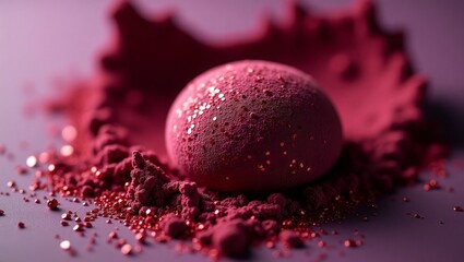 Crimson sphere dusted with glitter on purple powder sparkle