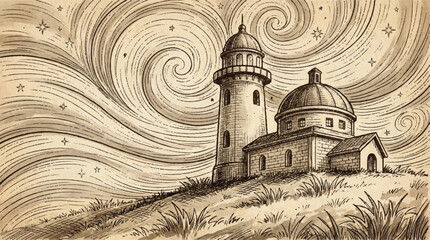 sepia drawing of a lighthouse on a hill against a swirly starry night sky