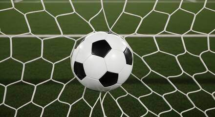White and black soccer ball inside green turf field goal net mesh sports