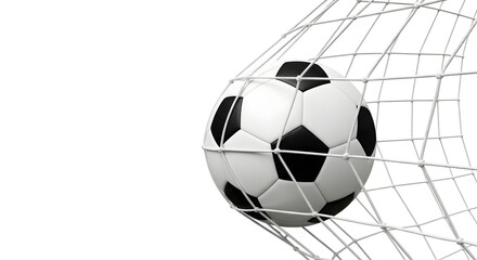 Fototapeta premium Black and White Soccer Ball Penetrating Goal Net Mesh in Clean Monochrome Lighting on White Background