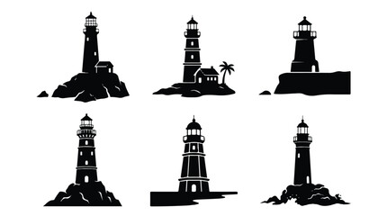 set of black silhouette lighthouse on rocky coast with palm tree