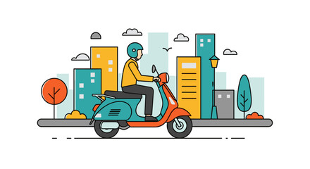Man Riding Scooter in City Scene.