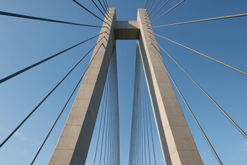 Fototapeta premium Low angle view of a modern cable-stayed bridge pylon against a clear blue sky. Architectural and engineering themes, for travel, transportation, and construction design.