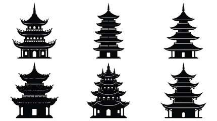 set of chinese pagoda silhouettes on white background