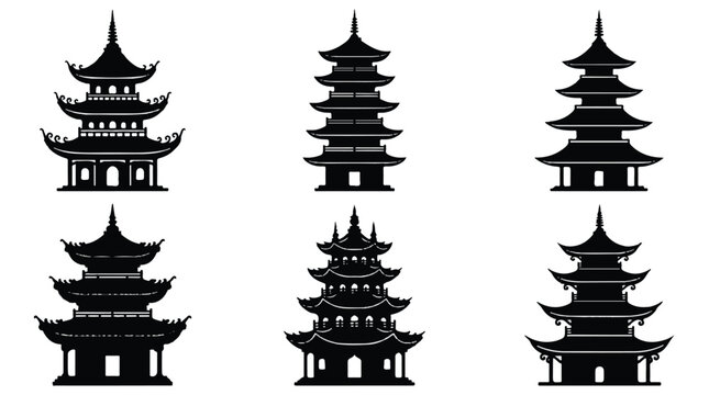 set of chinese pagoda silhouettes on white background