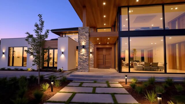 Exterior of modern luxury home architecture at dusk featuring stone,wood and glass accents with landscape lighting