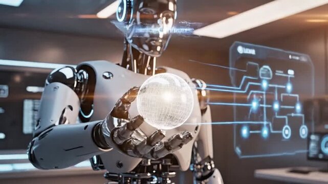 A futuristic robot holds a glowing orb in a high-tech room with neon-lit circuit diagrams on the wall.