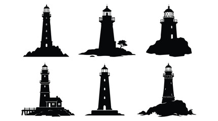 set of lighthouse silhouettes on white background