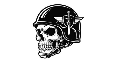 Skull Wearing Military Helmet with Sword Emblem.