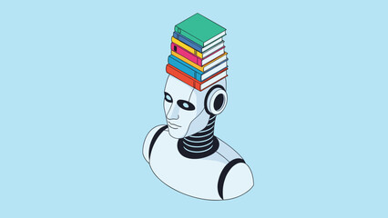Artificial intelligence learning and knowledge acquisition with a white robot head balancing a tall stack of colorful books on top.