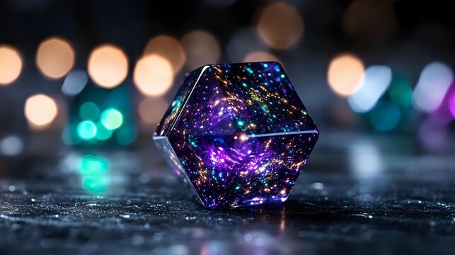 Geometric crystal prism with rainbow holographic reflections on dark surface with colorful bokeh lights background for modern design projects.