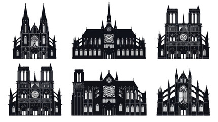 set of six different gothic church architecture designs