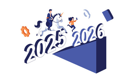 Fototapeta premium Business professionals riding a unicorn and running up a ramp towards the year 2026 symbolizing rapid growth and future success.