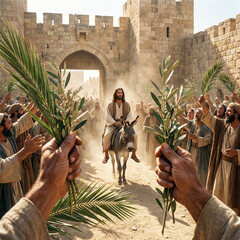 Naklejka premium Scena biblijna - wjazd Jezusa do Jerozolimy. Jezus na małym, szarym osiołku wjeżdżający przez bramę miejską, wokół niego tłum z gałązkami palmowymi