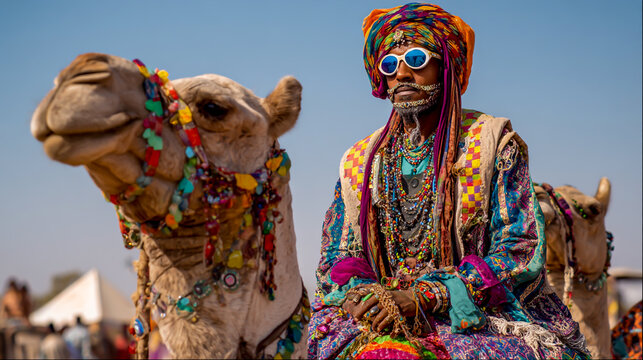A camel dressed in vibrant traditional Indian attire