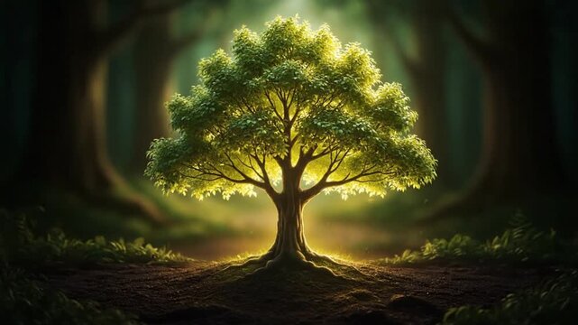 A surreal, dreamlike tree stands tall in a magical, fantasy forest, surrounded by an ethereal, dreamy atmosphere.