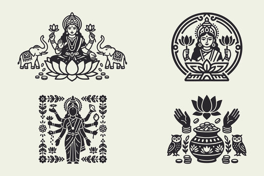 Hindu Goddess Lakshmi and Prosperity Symbols Vector Art Set.