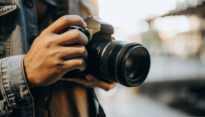 Fototapeta premium Person holding a camera while standing outdoors in natural light 