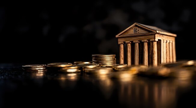 Classical bank building with golden coins stacks on dark background representing financial stability and wealth management services.