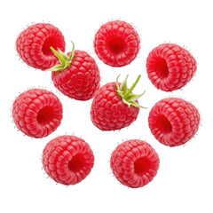 A cluster of fresh raspberries arranged together on a white background. isolated on transparent background