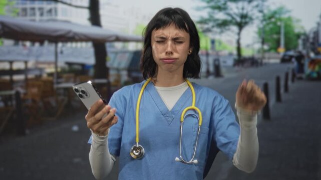 Woman nurse checks smartphone with hand on hip on outdoor restaurant terrace; professional dedication.