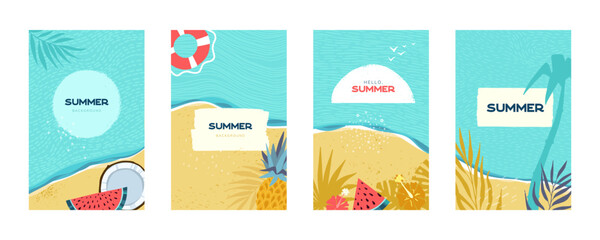 Set of summer tropical vector background designs for banner or flyer with exotic palm leaves, hibiscus flowers sun, fruits and ocean waves at the beach.