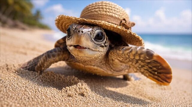 Cute turtle in straw hat on sandy beach. Small flipper raised. Sand grains flying. Blue sea behind. White waves near shore. Bright sunlight above. Summer day outdoors. Close up view. 