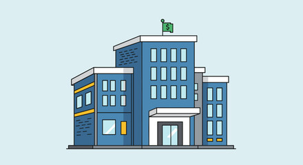 Fototapeta premium Blue Office Building with Green Flag.