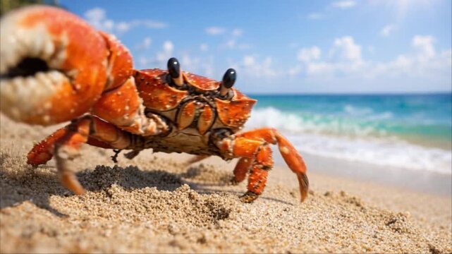 Red crab on sandy beach. Large claw raised. Close up view. Sand grains flying. Blue sea behind. White waves near shore. Bright sun above. Tropical coast scene. Palm trees blurred. Daytime outdoors. 