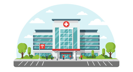 Hospital Building with Red Cross Symbol.