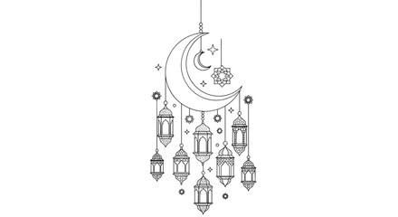 Crescent Moon Wind Chime with Lanterns Illustration.