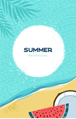 Set of summer tropical vector background designs for banner or flyer with exotic palm leaves, hibiscus flowers sun, fruits and ocean waves at the beach.