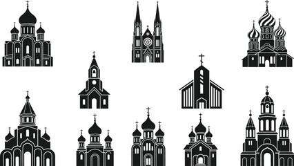 Set of black church silhouettes including orthodox cathedrals with onion domes, gothic chapels, and christian religious buildings for community map and architecture design. © MstRozinaAkter