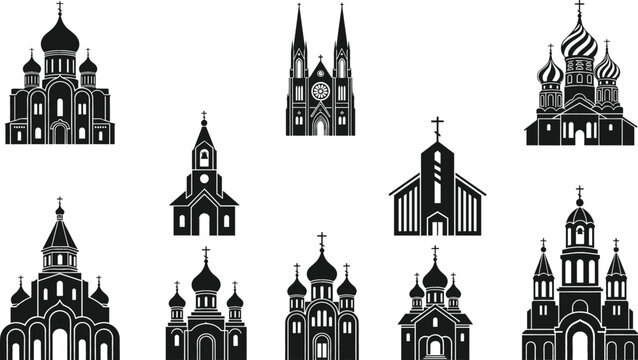 Set of black church silhouettes including orthodox cathedrals with onion domes, gothic chapels, and christian religious buildings for community map and architecture design.