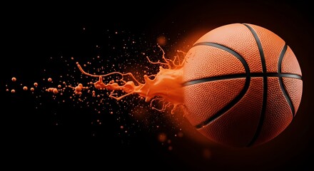 Fototapeta premium Basketball on fire exploding in motion with flames and sparks flying off isolated on black background with dynamic energy