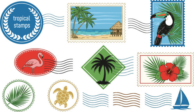 Set of tropical postage stamp vectors featuring flamingos, toucans, palm trees, hibiscus flowers, sea turtles, and sailboat designs for summer travel and vacation themes.
