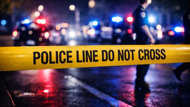 Yellow law enforcement tape isolating crime scene. Crime scene at night: crime scene investigation team working on a murder. 
