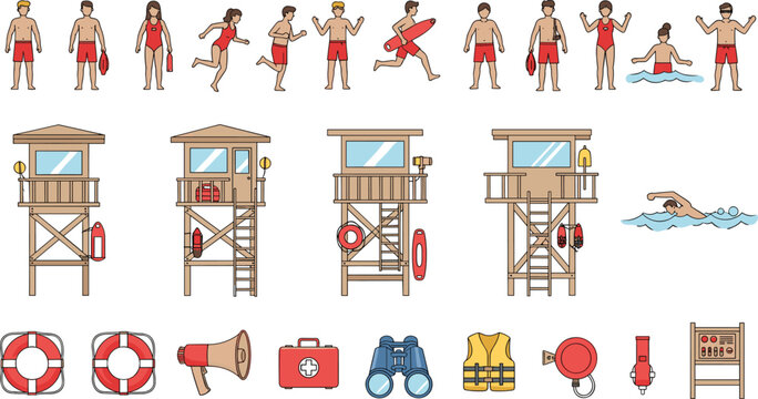 Lifeguard and Beach Safety Vector Set Featuring Lifeguard Towers, Rescue Equipment, Swimming Actions, and Coastal Emergency Service Illustrations