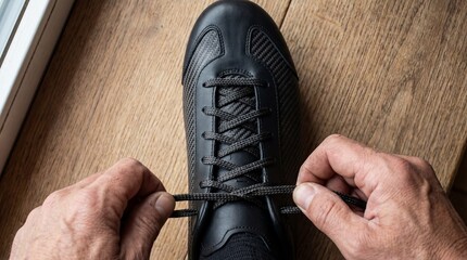 Overhead Shot of Hands Pulling and Tightening Carbon Fiber Laces on Professional Cycling Shoe for Competition Readiness