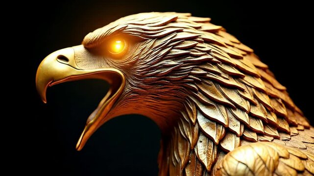Golden eagle head with detailed feathers and glowing eye effect, representing strength and majestic animal power for decorative art and design.