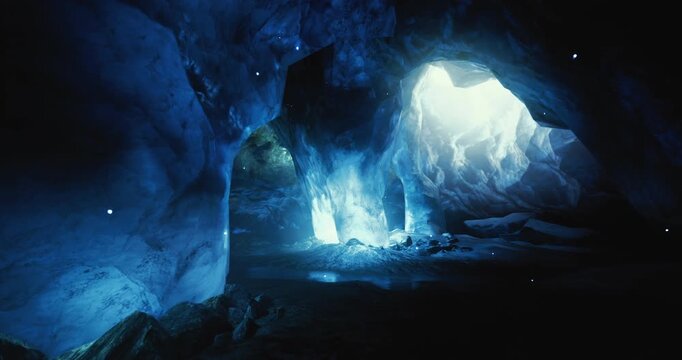 Inside a breathtaking ice cave, blue hues reflect off the icy walls as streaks of natural light pierce through. The unique formations create an otherworldly atmosphere for explorers.