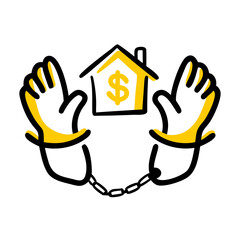 Vector illustration of shackled hands holding a house symbolizing property ownership denial