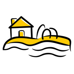 Vector illustration of a house with a pool on a yellow background, bright and modern style