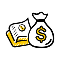 Investment concept with money bag and cash illustration