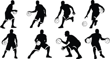 Basketball player silhouette illustration, dynamic sports action art, dribbling and shooting poses, athletic motion design, teamwork concept, fitness training background © Md Rofequl Islam