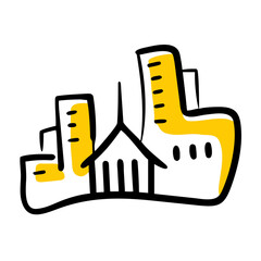 Vector illustration of a cityscape with buildings and a house in a modern style