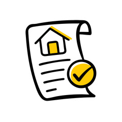 Mortgage approval document with check mark and house icon for financial concepts