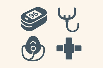 Medical Icons Pulse Oximeter Stethoscope Oxygen Mask and Cross.