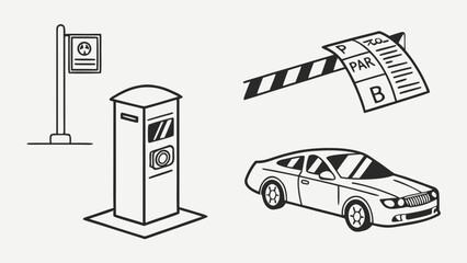 Parking Elements Illustration Sign Machine Ticket and Car.
