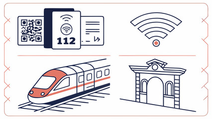 Modern Transportation and Connectivity Icons Train WiFi and QR Code.